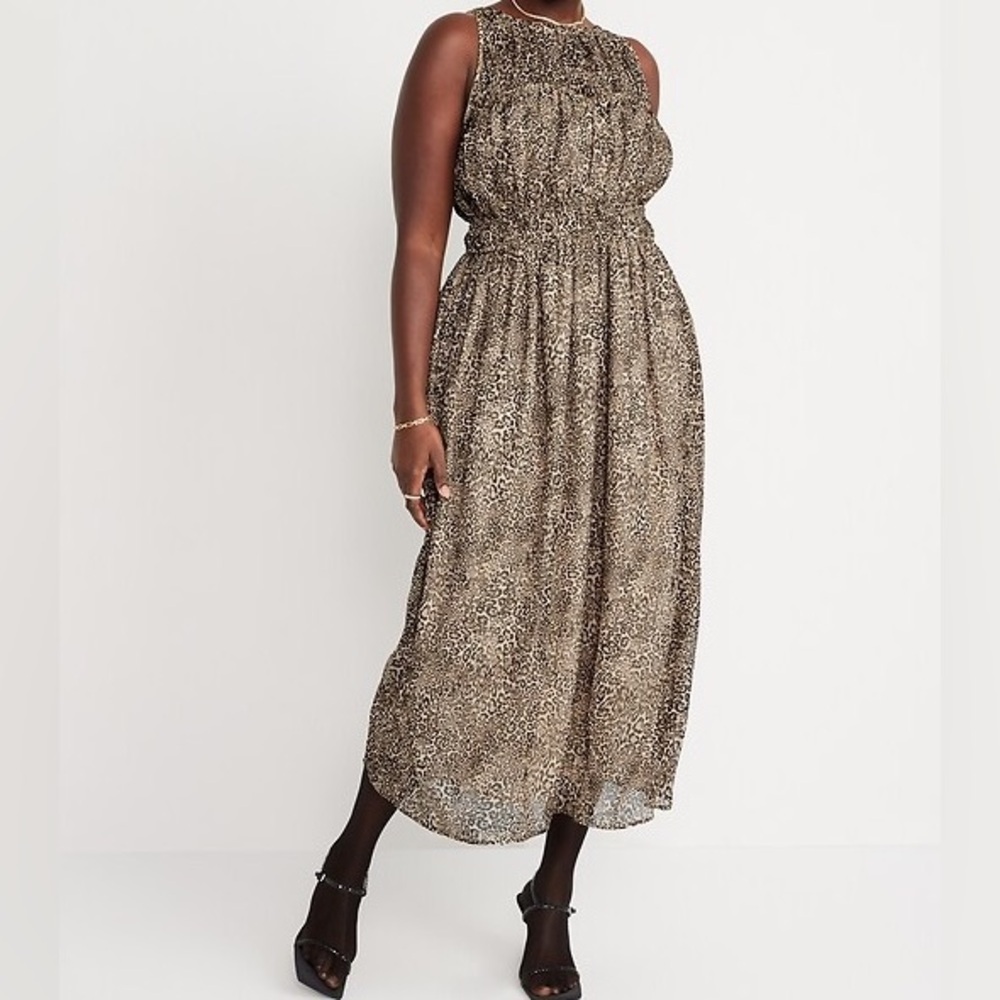 NEW Old Navy Fit and Flare Shirred Crinkled Maxi Dress-Animal Print-Size XL